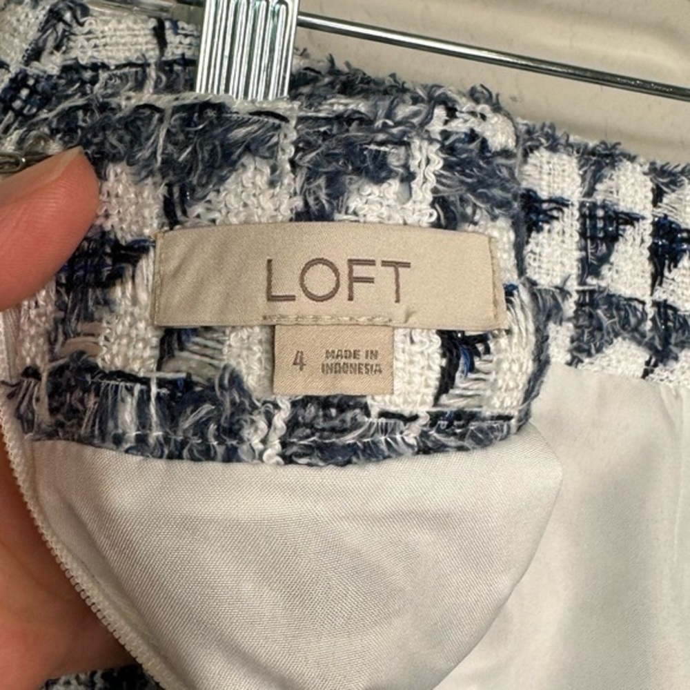 Loft Blue White Geometric Patterned Tweed Pencil Skirt Zipper Closure-‎ Sz 4 - Picture 6 of 7